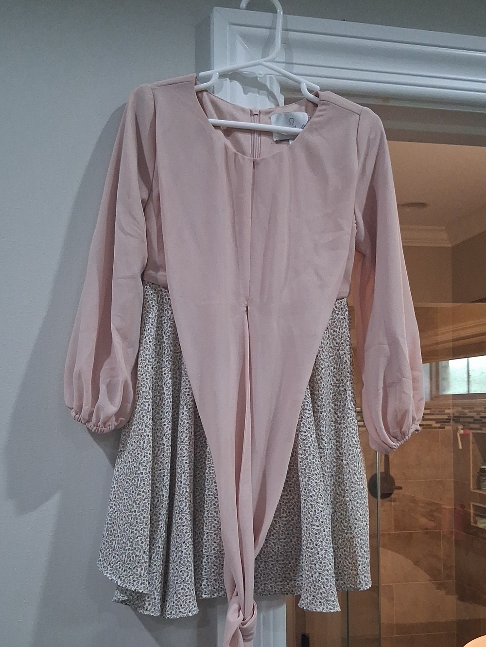 Girls Dainty Jewells  Pink Long-Sleeve Tie-Front Dress with Floral Skirt